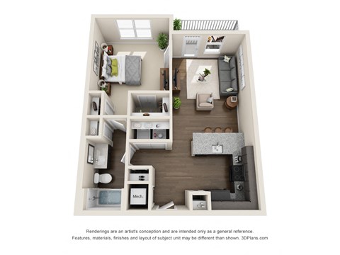Floor plan for 1 bed, 1 bath, 726 sqft